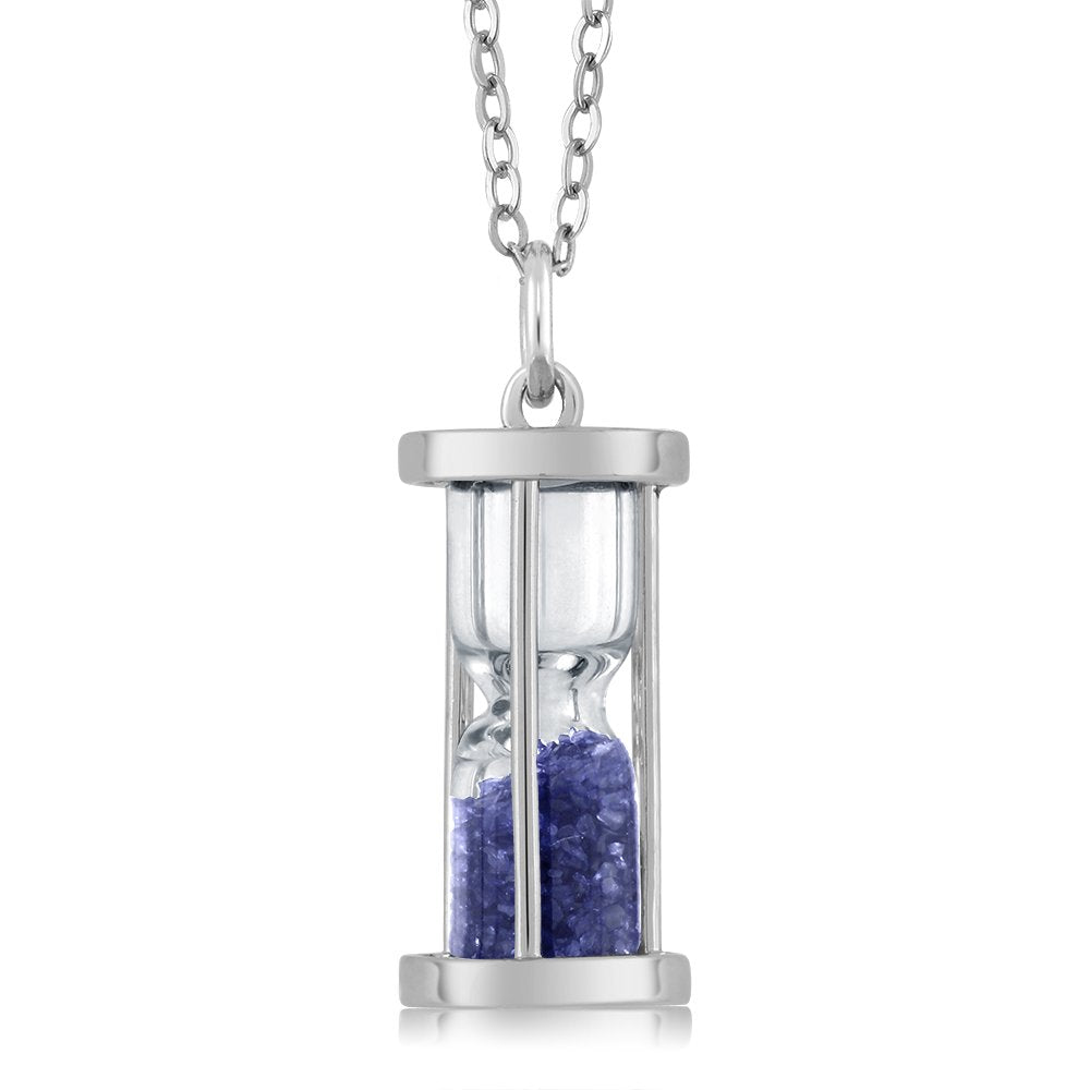 Diamond and Blue Gemstone Birthstone Dust Hourglass Pendant Necklace | Complimentary 18 Inch Silver Chain