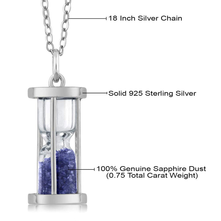 Diamond and Blue Gemstone Birthstone Dust Hourglass Pendant Necklace | Complimentary 18 Inch Silver Chain