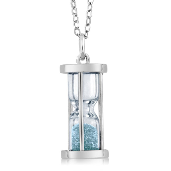 Diamond and Sky Blue Gemstone Birthstone Dust Hourglass Pendant Necklace | Complimentary 18 Inch Silver Chain