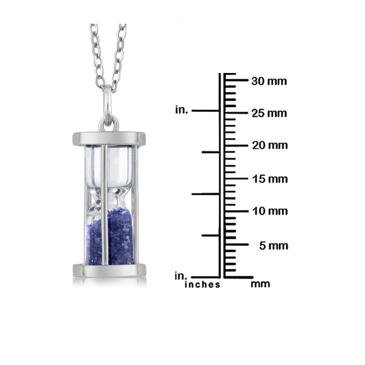 Diamond and Blue Gemstone Birthstone Dust Hourglass Pendant Necklace | Complimentary 18 Inch Silver Chain