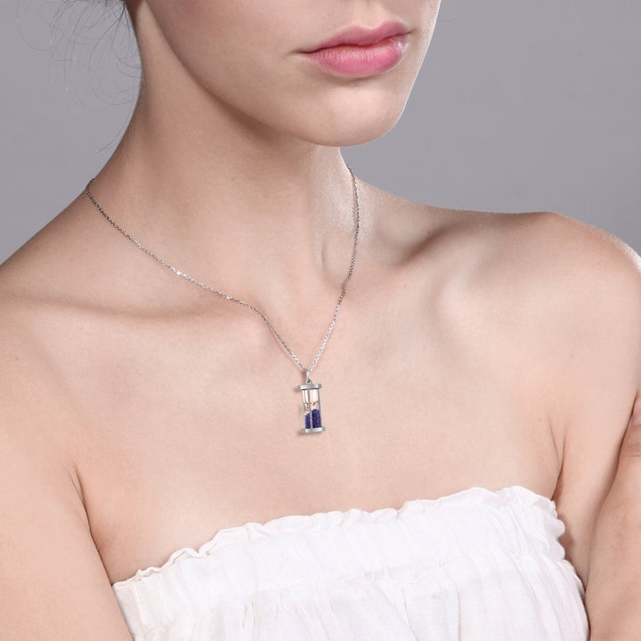 Diamond and Blue Gemstone Birthstone Dust Hourglass Pendant Necklace | Complimentary 18 Inch Silver Chain