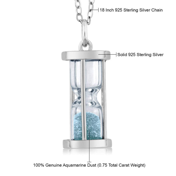 Diamond and Sky Blue Gemstone Birthstone Dust Hourglass Pendant Necklace | Complimentary 18 Inch Silver Chain