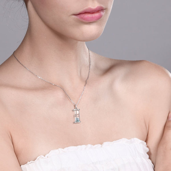 Diamond and Sky Blue Gemstone Birthstone Dust Hourglass Pendant Necklace | Complimentary 18 Inch Silver Chain