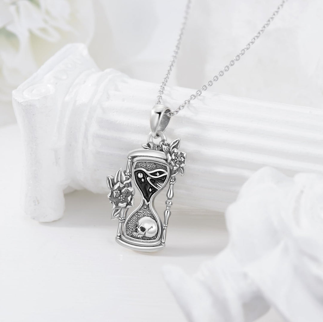 Sterling Silver Memento Mori Necklace Skull Pendant Hourglass