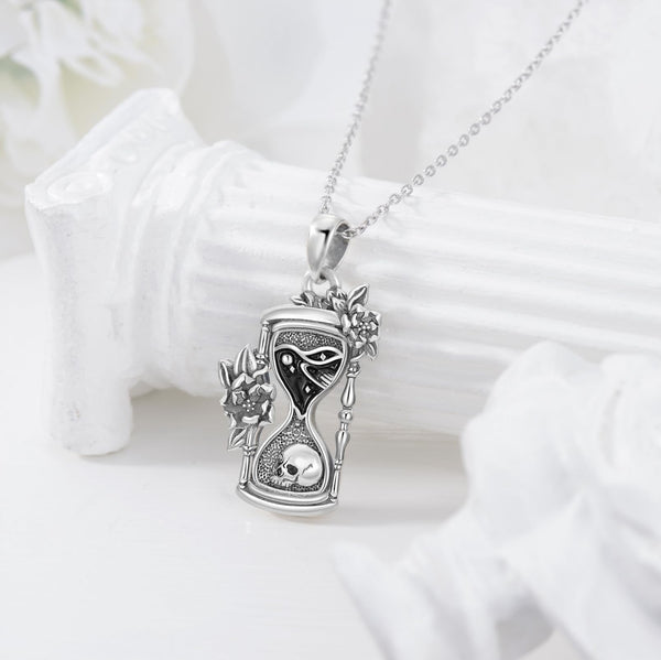 Sterling Silver Memento Mori Necklace Skull Pendant Hourglass