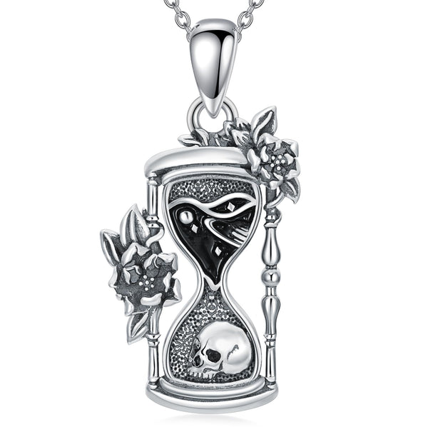 Sterling Silver Memento Mori Necklace Skull Pendant Hourglass