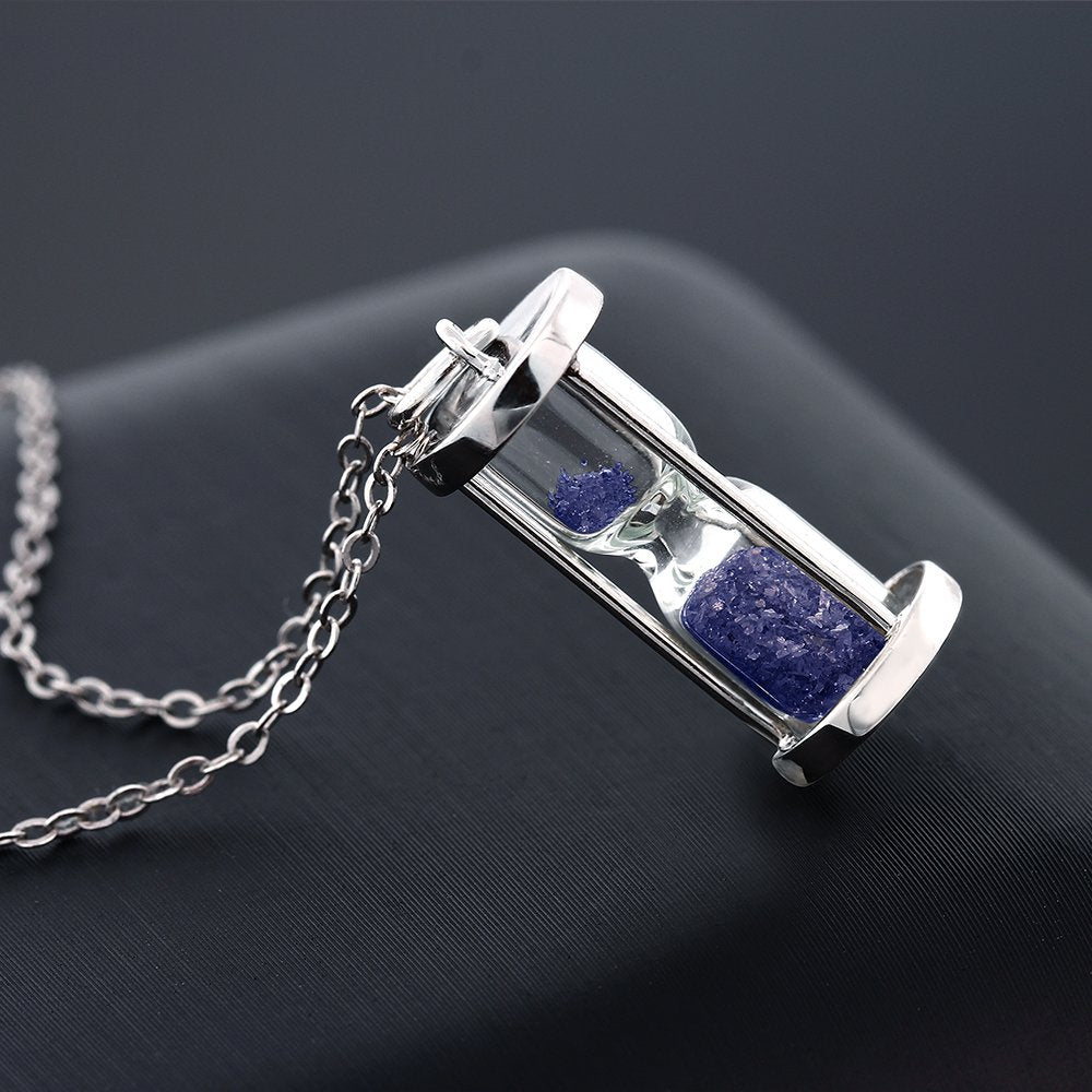 Diamond and Blue Gemstone Birthstone Dust Hourglass Pendant Necklace | Complimentary 18 Inch Silver Chain