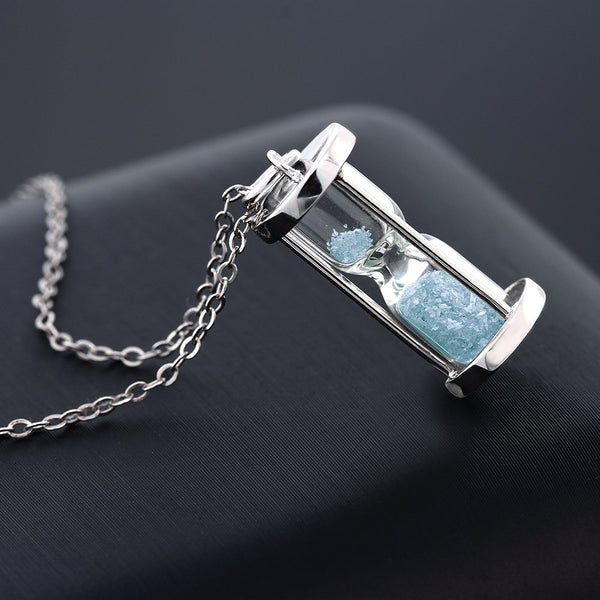 Diamond and Sky Blue Gemstone Birthstone Dust Hourglass Pendant Necklace | Complimentary 18 Inch Silver Chain