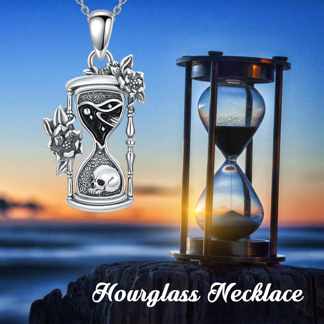 Sterling Silver Memento Mori Necklace Skull Pendant Hourglass