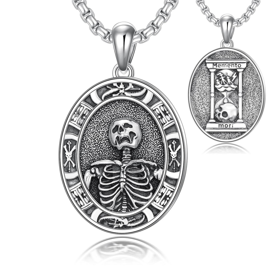 Sterling Silver Skeleton Pendant Hourglass Necklace Skull Jewelry