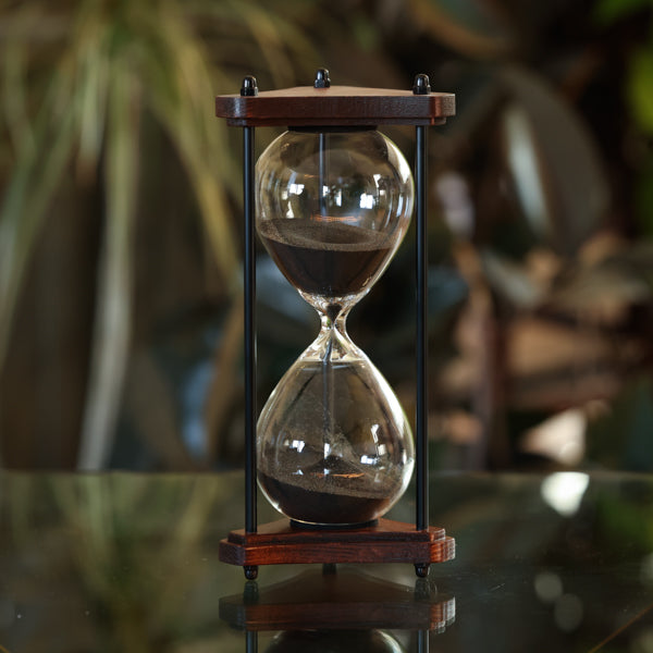 Triangle Wood Hourglass with Black Spindles White or Black Sand