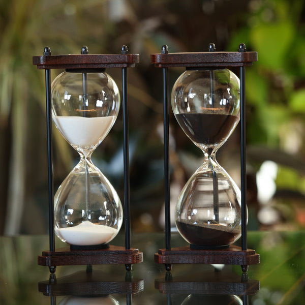 Triangle Wood Hourglass with Black Spindles White or Black Sand