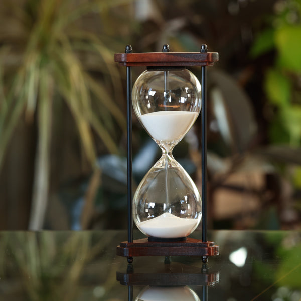 Triangle Wood Hourglass with Black Spindles White or Black Sand